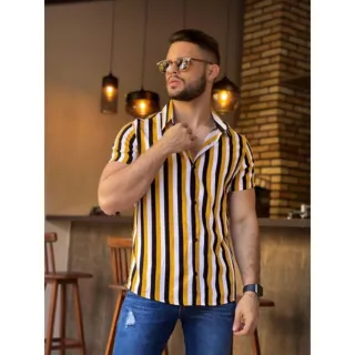 Promoção de Camisas Masculinas Estampadas Listradas em Viscose Slim Fit - Alta Qualidade