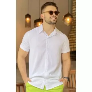 Camisa Social Masculina Havaiana Verão - Manga Curta Lisa Básica - Branco