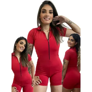 Macaquinho feminino liso com zíper - Lançamento Fitness - Vermelho manga curta zíper pre