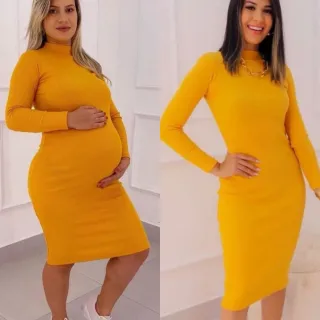 Inverno Vestido Midi Manga Comprida Gola Alta - Rose