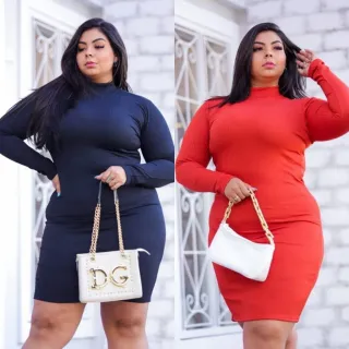 Plus Size Vestido Midi Gola Alta Manga Longa - Vinho
