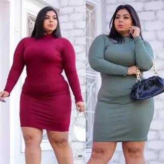 Plus Size Vestido Midi Gola Alta Manga Longa - Vinho