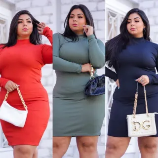 Plus Size Vestido Midi Gola Alta Manga Longa - Vinho