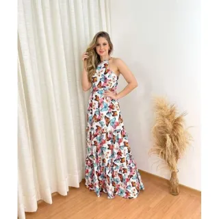 Moda Feminina: Vestido Longo Estampado Lastex Lola - Vermelho