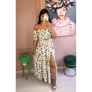 Floral longo ciganinha lastex - Vestido ombro a ombro com fenda - Xadrez 49