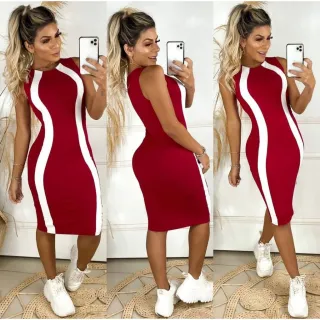 Faixa Branca Vestido Midi Canelado Regata Tam. P ao GG Longuete - Vermelho Bordeaux