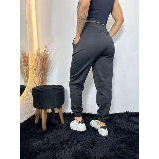 Tendência Grossa Calça Jogger Feminina Moletom - Preto