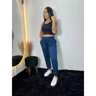 Tendência Grossa Calça Jogger Feminina Moletom - Preto
