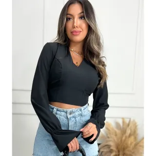 Decote Social Blusa Cropped Feminino Manga Longa Babado Laço - Preto