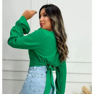 Decote Social Blusa Cropped Feminino Manga Longa Babado Laço - Preto