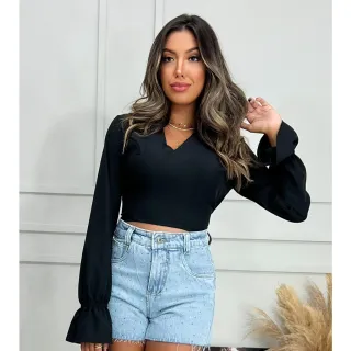 Decote Social Blusa Cropped Feminino Manga Longa Babado Laço - Preto