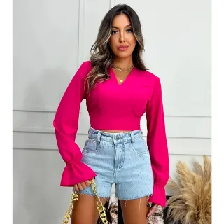 Decote Social Blusa Cropped Feminino Manga Longa Babado Laço - Preto