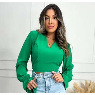 Decote Social Blusa Cropped Feminino Manga Longa Babado Laço - Preto