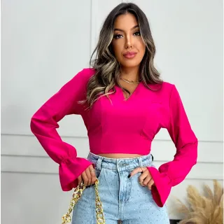 Decote Social Blusa Cropped Feminino Manga Longa Babado Laço - Preto