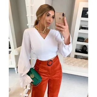 Decote Social Blusa Cropped Feminino Manga Longa Babado Laço - Preto