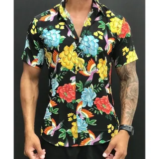 Manga Curta Masculina Estampada Social Camisa - Preto Flowers 4