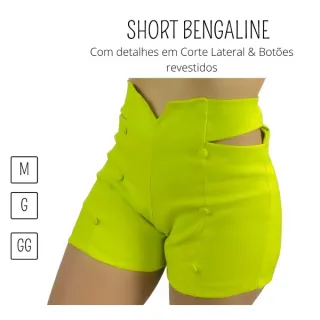 Tendência moda feminina - Short bengaline estilo puro com corte lateral & botões revestidos - Verde Bandeira