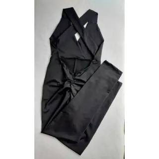 Roupa de malhar - Macacão Suplex Feminino Longo Empina Bumbum Cruzado Costas - Preto