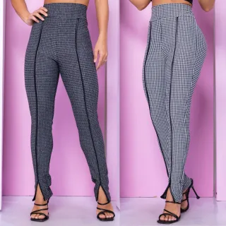 Calça Feminina Xadrez Jacquard de Couro - Estilo Alfaiataria - Branca