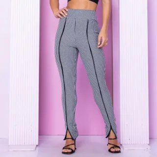 Calça Feminina Xadrez Jacquard de Couro - Estilo Alfaiataria - Branca