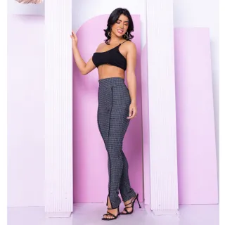 Calça Feminina Xadrez Jacquard de Couro - Estilo Alfaiataria - Branca