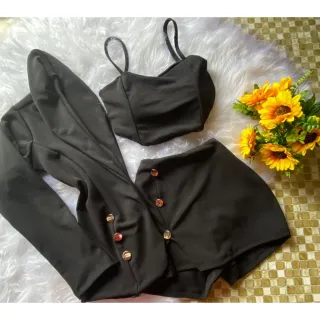 Blazer feminino cropped com bojo, short saia e conjuntinho de 3 peças - Modelo04