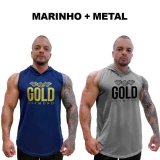 Regatas Masculina Longline Dry Capuz - Kit com 2 - Gold Diamond - BRANCA + CINZA