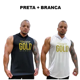 Regatas Masculina Longline Dry Capuz - Kit com 2 - Gold Diamond - BRANCA + CINZA