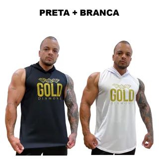 Regatas Masculina Longline Dry Capuz - Kit com 2 - Gold Diamond - BRANCA + CINZA