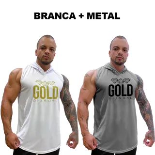 Regatas Masculina Longline Dry Capuz - Kit com 2 - Gold Diamond - BRANCA + CINZA
