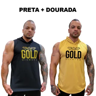 Regatas Masculina Longline Dry Capuz - Kit com 2 - Gold Diamond - BRANCA + CINZA
