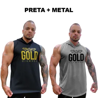 Regatas Masculina Longline Dry Capuz - Kit com 2 - Gold Diamond - BRANCA + CINZA