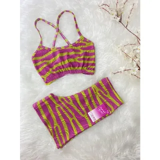 Top de alcinha cruzada sem bojo com Conjunto Fitness short - onça rosa/amarelo