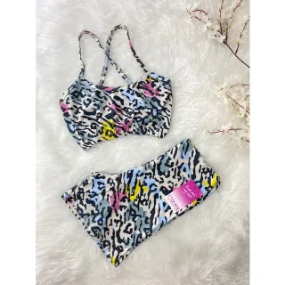 Top de alcinha cruzada sem bojo com Conjunto Fitness short - onça rosa/amarelo