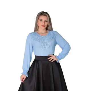 REF258 Blusa Social Feminina Manga Longa com Detalhes em Renda - Verde Militar