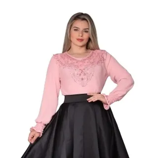 REF258 Blusa Social Feminina Manga Longa com Detalhes em Renda - Verde Militar