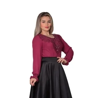 REF258 Blusa Social Feminina Manga Longa com Detalhes em Renda - Verde Militar