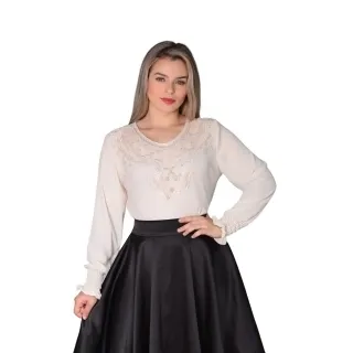 REF258 Blusa Social Feminina Manga Longa com Detalhes em Renda - Verde Militar