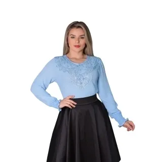 REF258 Blusa Social Feminina Manga Longa com Detalhes em Renda - Verde Militar