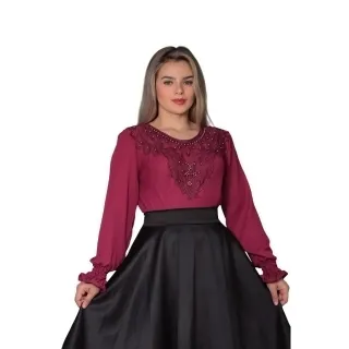 REF258 Blusa Social Feminina Manga Longa com Detalhes em Renda - Verde Militar