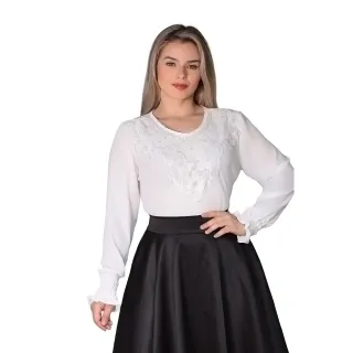 REF258 Blusa Social Feminina Manga Longa com Detalhes em Renda - Verde Militar