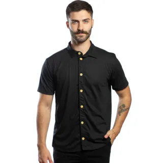 Camisa Sustentável Preta Masculina de Botão em Malha - Azul