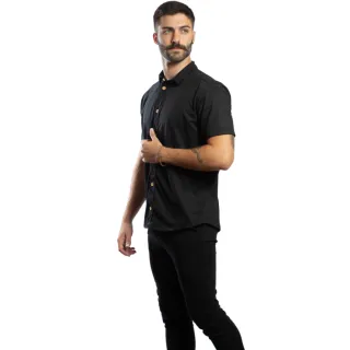 Camisa Sustentável Preta Masculina de Botão em Malha - Azul