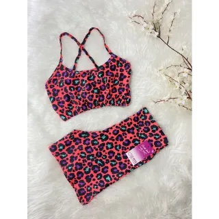Top de alcinha cruzada sem bojo com Conjunto Fitness short - onça rosa/amarelo