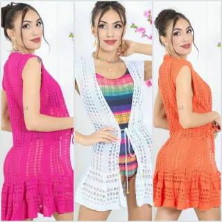 Moda Praia Verão Tricot Kimono Curta Babado Saída de Praia Feminina - Amarelo