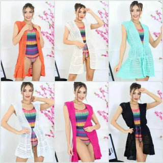 Moda Praia Verão Tricot Kimono Curta Babado Saída de Praia Feminina - Amarelo