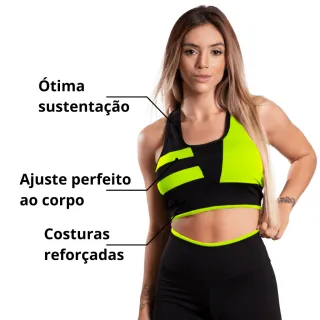 Calça Legging Feminina Conjunto Fitness Top - IMT08 - IMC09 - Preto - Amarelo Neon