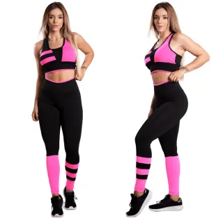 Calça Legging Feminina Conjunto Fitness Top - IMT08 - IMC09 - Preto - Amarelo Neon