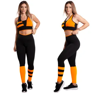 Calça Legging Feminina Conjunto Fitness Top - IMT08 - IMC09 - Preto - Amarelo Neon