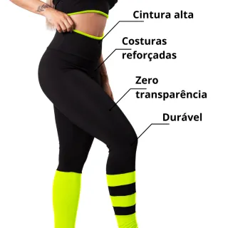 Calça Legging Feminina Conjunto Fitness Top - IMT08 - IMC09 - Preto - Amarelo Neon
